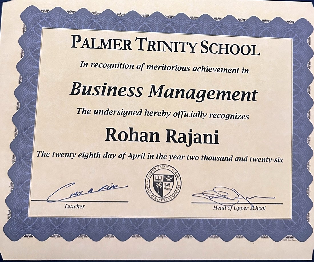 Business Management Award certificate