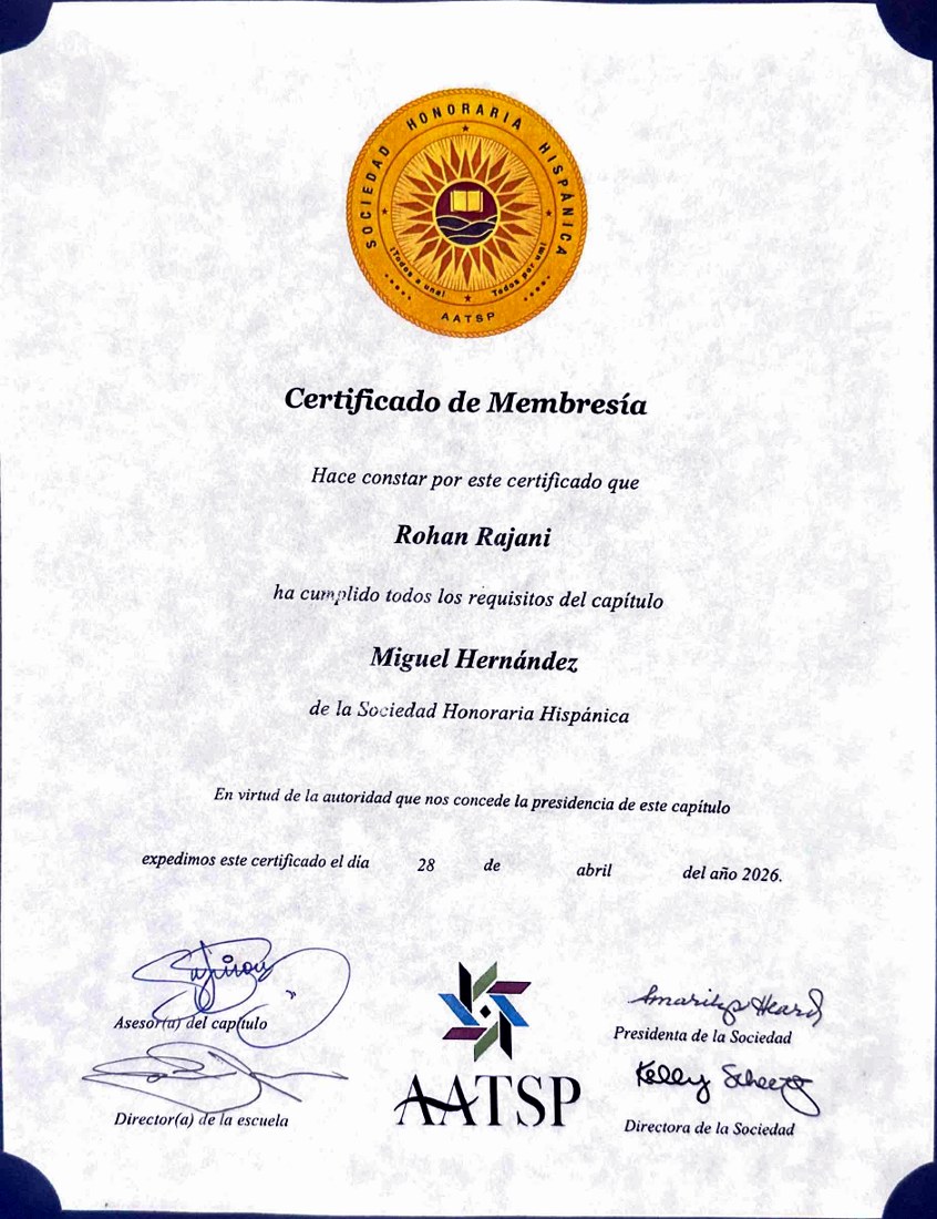 Sociedad Honoraria Hispánica certificate