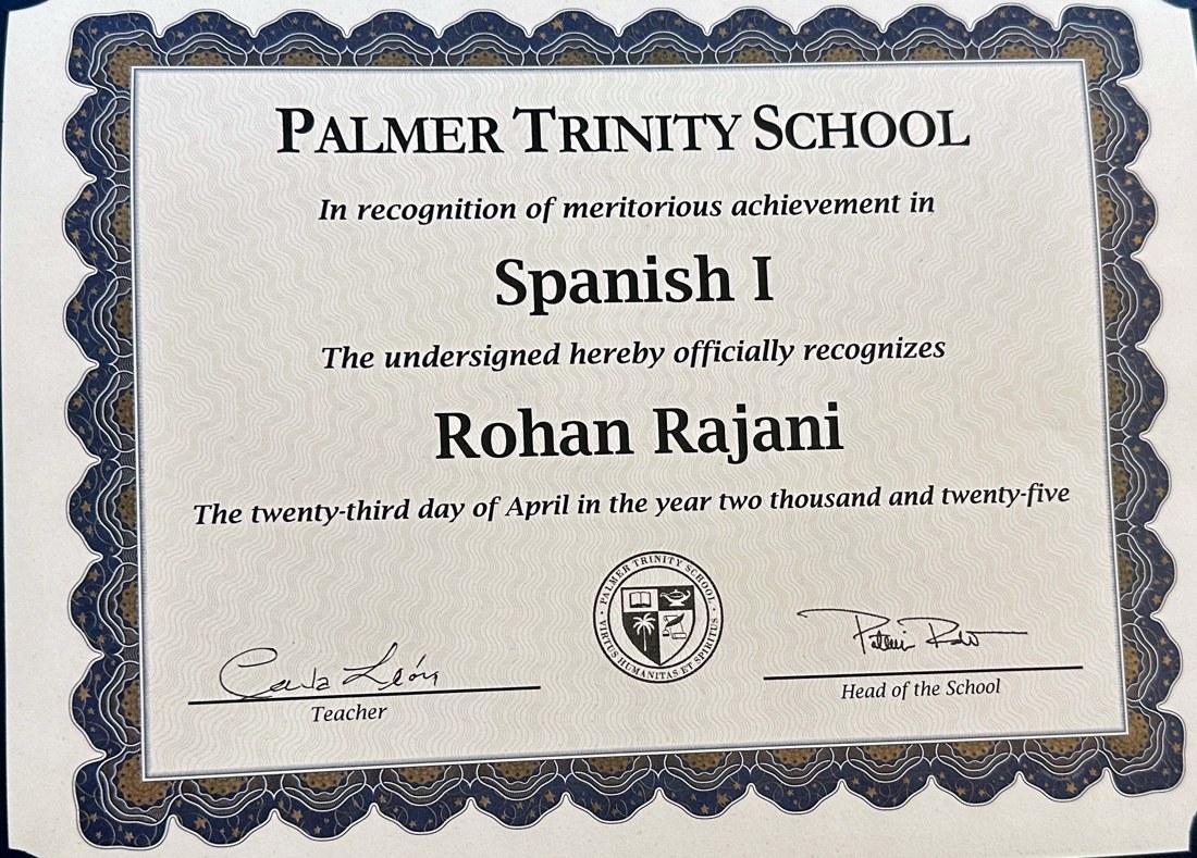Spanish I Meritorious Achievement certificate